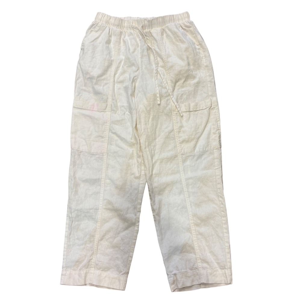 Wide Leg Cargo Pants Coastal Fisherman Small Cream Linen Blend Waist Drawstring